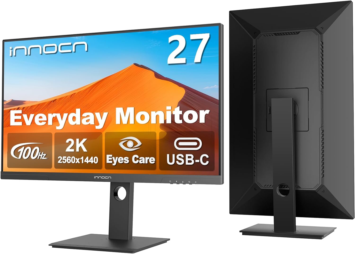 INNOCN 27″ 2K 1440P QHD Monitor 100Hz IPS PC Computer Monitor for Mac Laptop, 65W USB C, HDMI, DP, Built-in Speaker, Eyes Care, Height/Pivot Adjustable, VESA Mountable – Black, 27D1Q