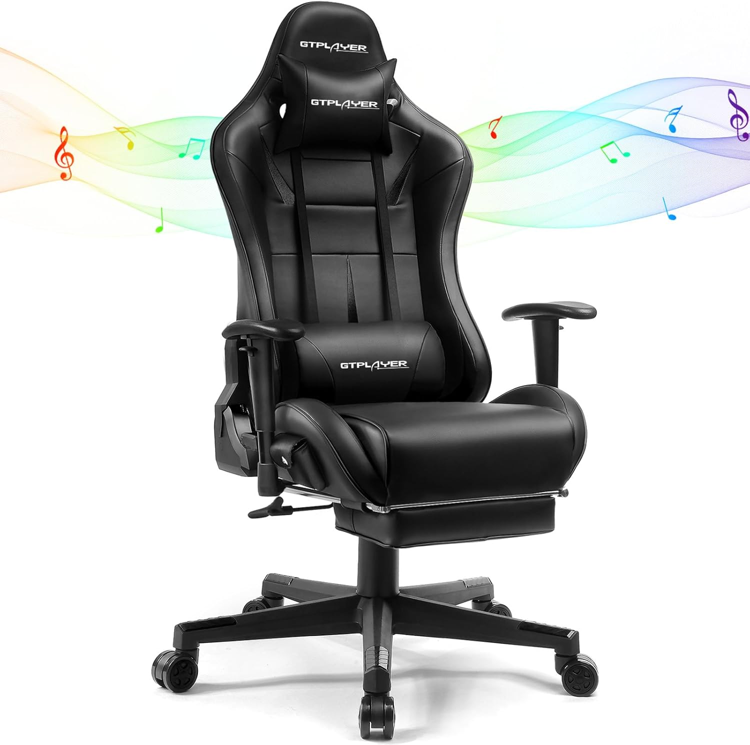 GTPLAYER Gaming Chair with Speakers Bluetooth, Ergonomic Office Desk Chair with Footrest & Lumbar Support, Height Adjustable Swivel Video Game Chair for Adults, 300lb Max (Black)