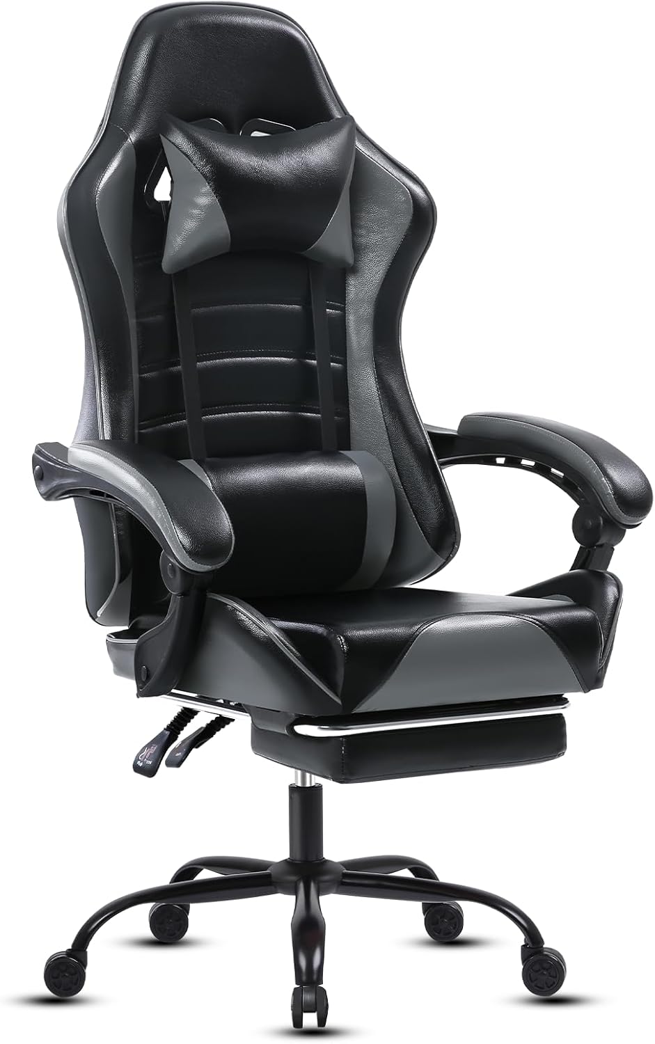 Ergonomic Gaming Chair with Footrest, Racing Style Video Game Chair for Adults, Reclining Gamer Chair Office Chair with Headrest and Lumbar Support High Back Computer Chair for Heavy People, Grey