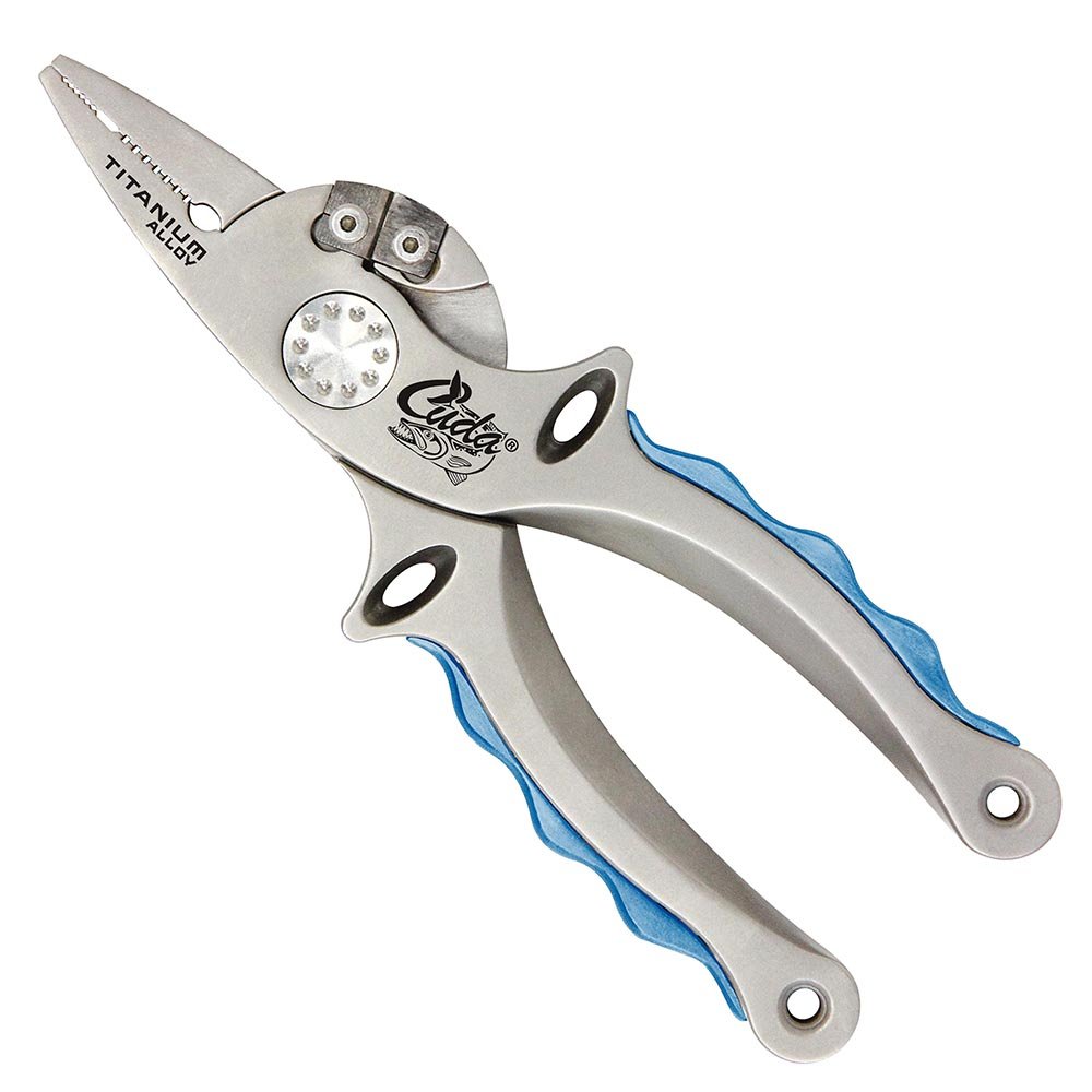 Cuda 7.25-Inch Titanium Alloy Fishing Pliers with Integrated Tungsten Carbide Wire Cutters and Leather Sheath, Blue, (18848)