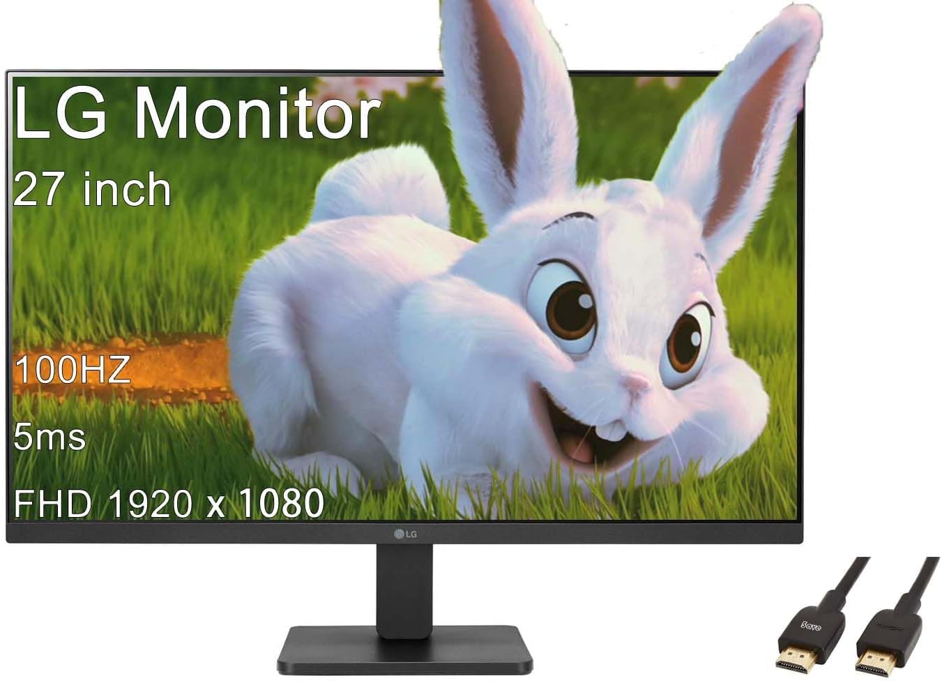 LG 27 inch Monitor, FHD (1920 x 1080) IPS Display, 100Hz, 5ms, AMD FreeSync Premium, 3-Side Virtually Borderless Design, HDMI, Black, with 5ave HDMI Cable