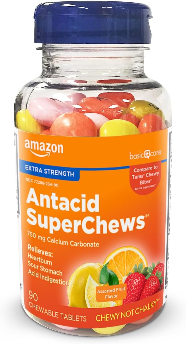 Amazon Basic Care Extra Strength Antacid SuperChews Chewable Tablets, Assorted Fruit, 90 count (Previously SoundHealth) Orange, Pink, Yellow