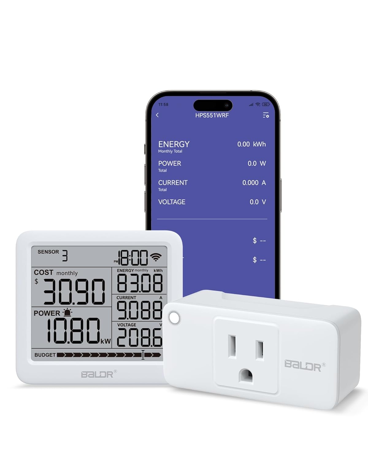 BALDR Wi-Fi Power Consumption Meter w/Smart Socket – Remote Power Monitoring, Power Meter w/Tariffs & Budget Alerts, Multi Meter Home Energy Monitor, Electricity Usage Monitor – 2.4GHZ Network Only