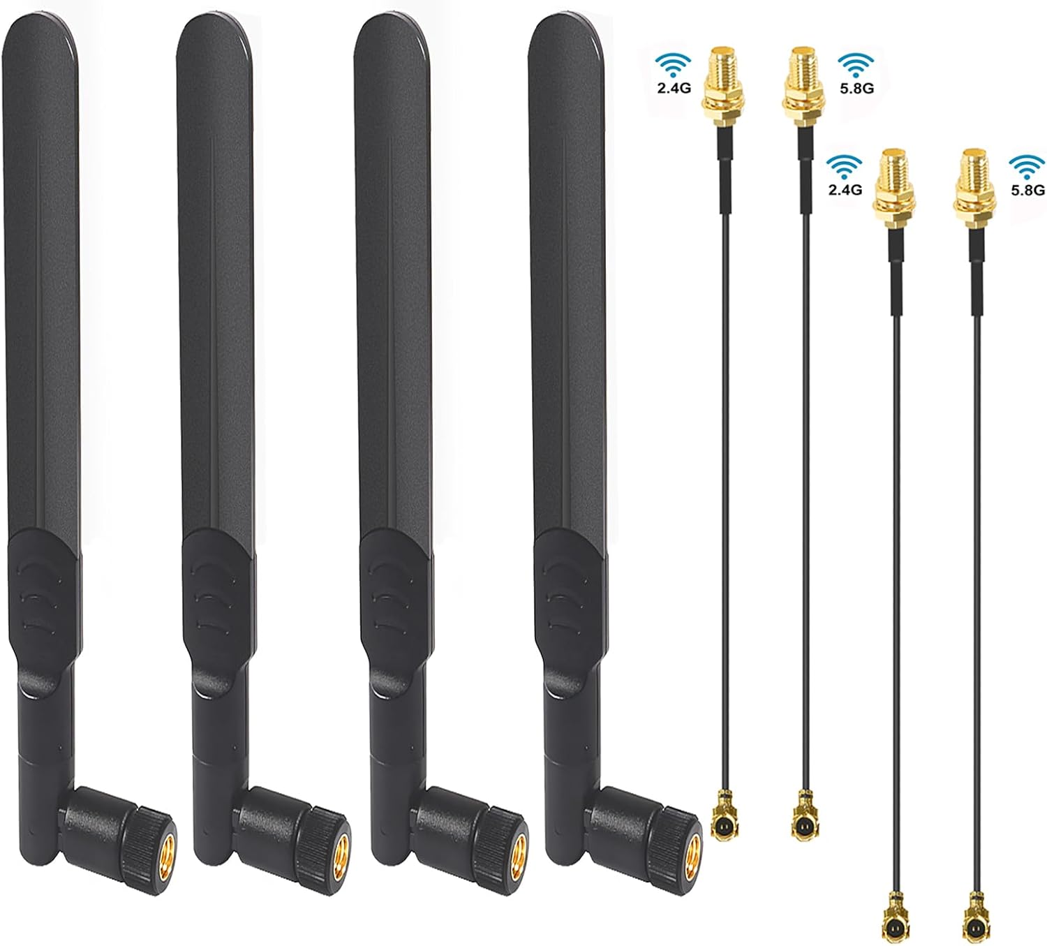 4PCS 8dBi WiFi Antenna RP-SMA Male Wireless Network 2.4GHz 5.8GHz Dual Band with U.FL/IPEX to RP-SMA Female Pigtail Cable for Mini PCIe Card Wireless Routers, PC Desktop, Repeater, FPV UAV Drone, PS4