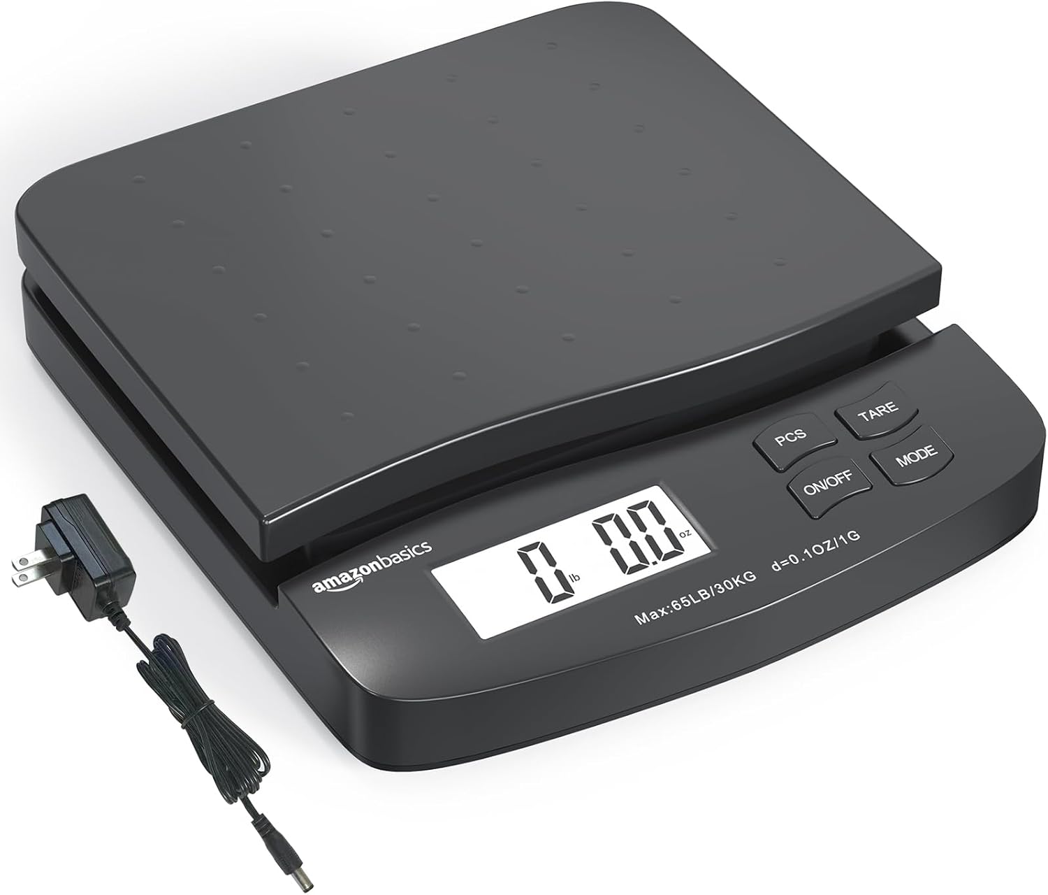 Amazon Basics Digital Postal Table Top Scale, AC Adapter, Counting Function, 65 pound Capacity, 0.1 Ounce Readability, Black