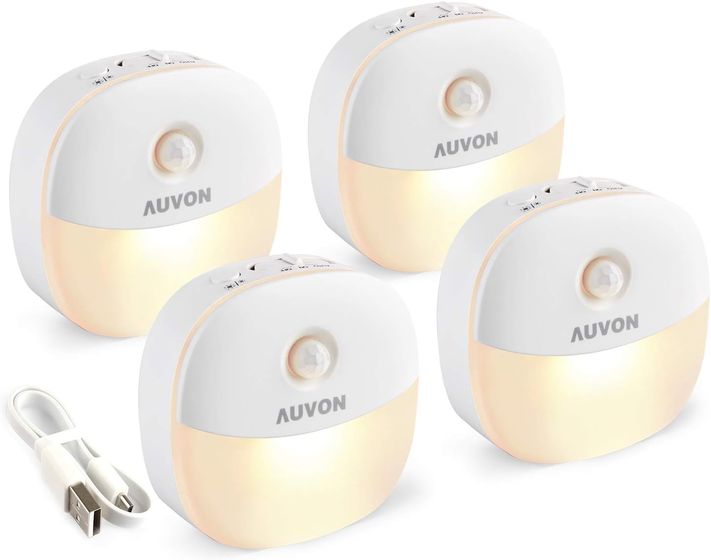 AUVON Rechargeable Mini Motion Sensor Night Light, 2nd Gen Warm White LED Stick-On Closet Light with Dusk to Dawn Sensor, Adjustable Brightness for Wall, Stairs, Cabinet, Hallway (4 Pack)