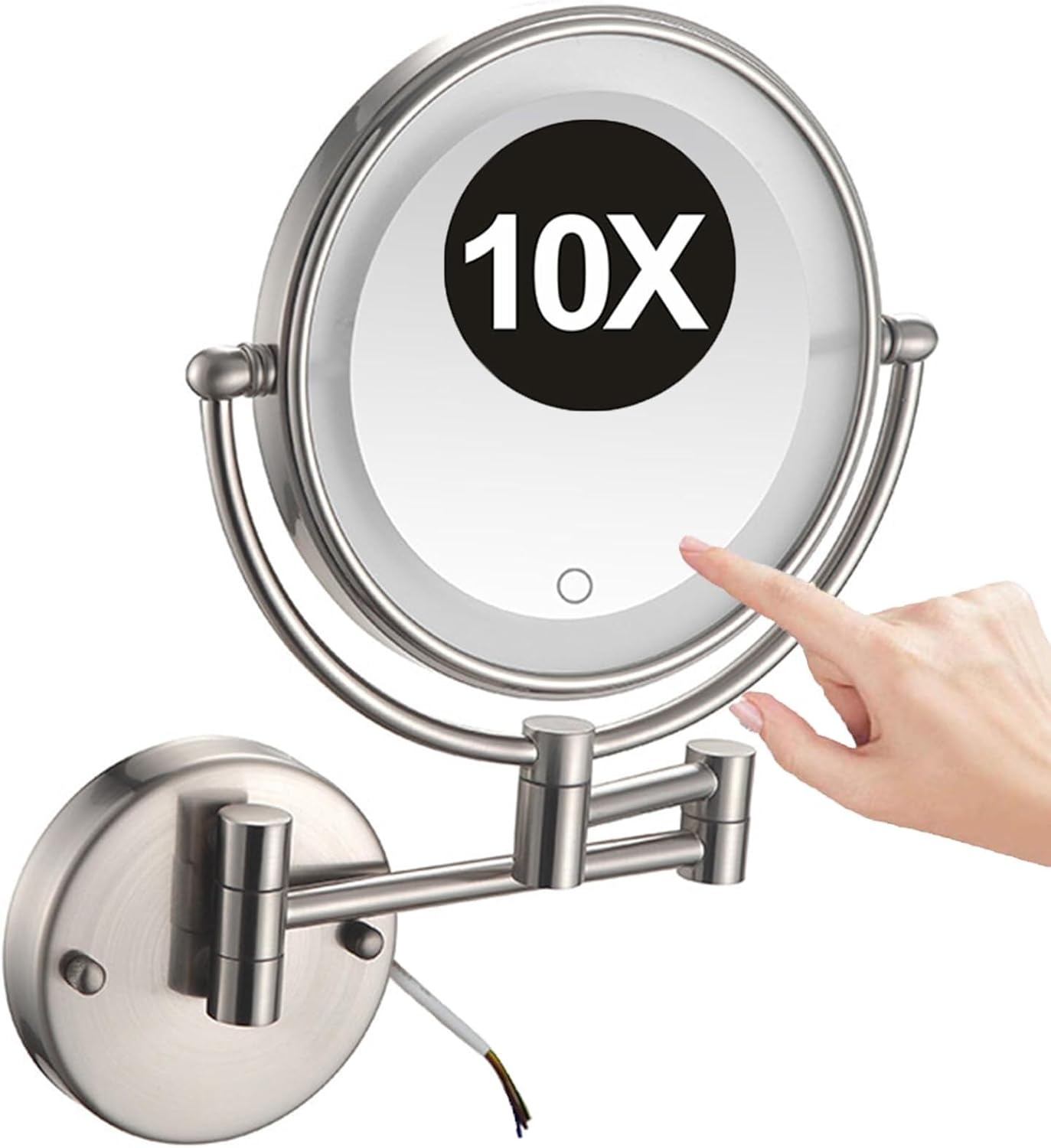 8 Inch Hard-Wired Wall Mounted LED Lighted Makeup Vanity Mirror with Touch Screen Dimmable, Dual Sided Rotatable 10X Magnifying Cosmetic Beauty Mirror, Bathroom HD Shaving Mirror,Silver,1Color