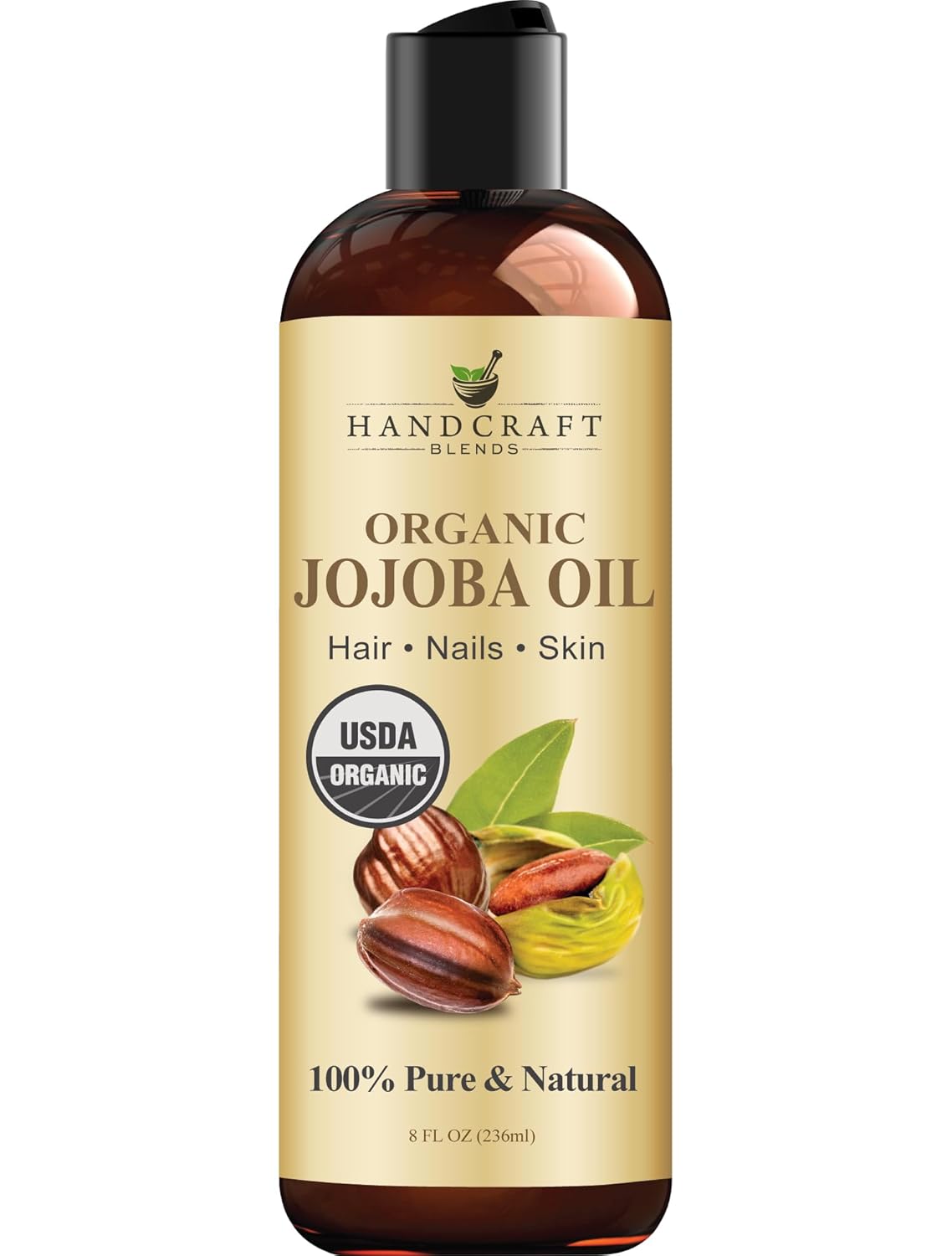 Handcraft Blends USDA Organic Jojoba Oil – 8 Fl Oz – 100% Pure and Natural – Premium Grade Oil for Face, Body and Hair – Anti-Aging Oil – Cold-Pressed and Hexane-Free – Packaging May Vary