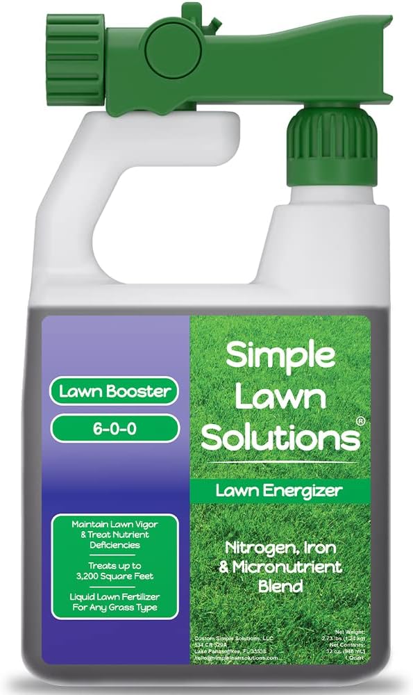 Commercial Grade Lawn Fertilizer with Iron- Liquid Fertilizer Spray- Nitrogen and Iron for Deeper Green Turf- Any Grass Type – Simple Lawn Solutions – Lawn Energizer – 32 Ounce