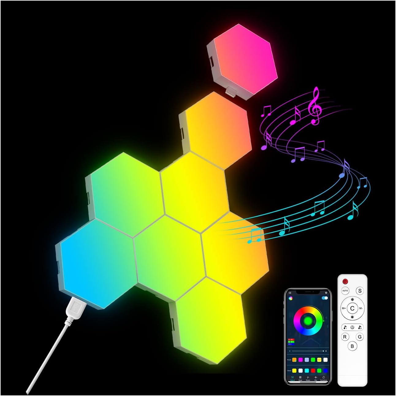 OJQ 8 Pack Hexagon Wall Light RGB Panel – Smart APP RGB Hexagonal Modular Gaming Light Music with Sync Honeycomb Shape Panels Hexagon Lights for Bedroom Children Room