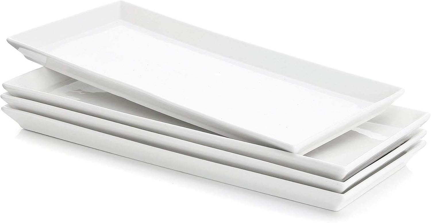 Sweese Rectangular Porcelain Platters, Serving Trays for Parties – 13.8 Inch, Set of 4, White