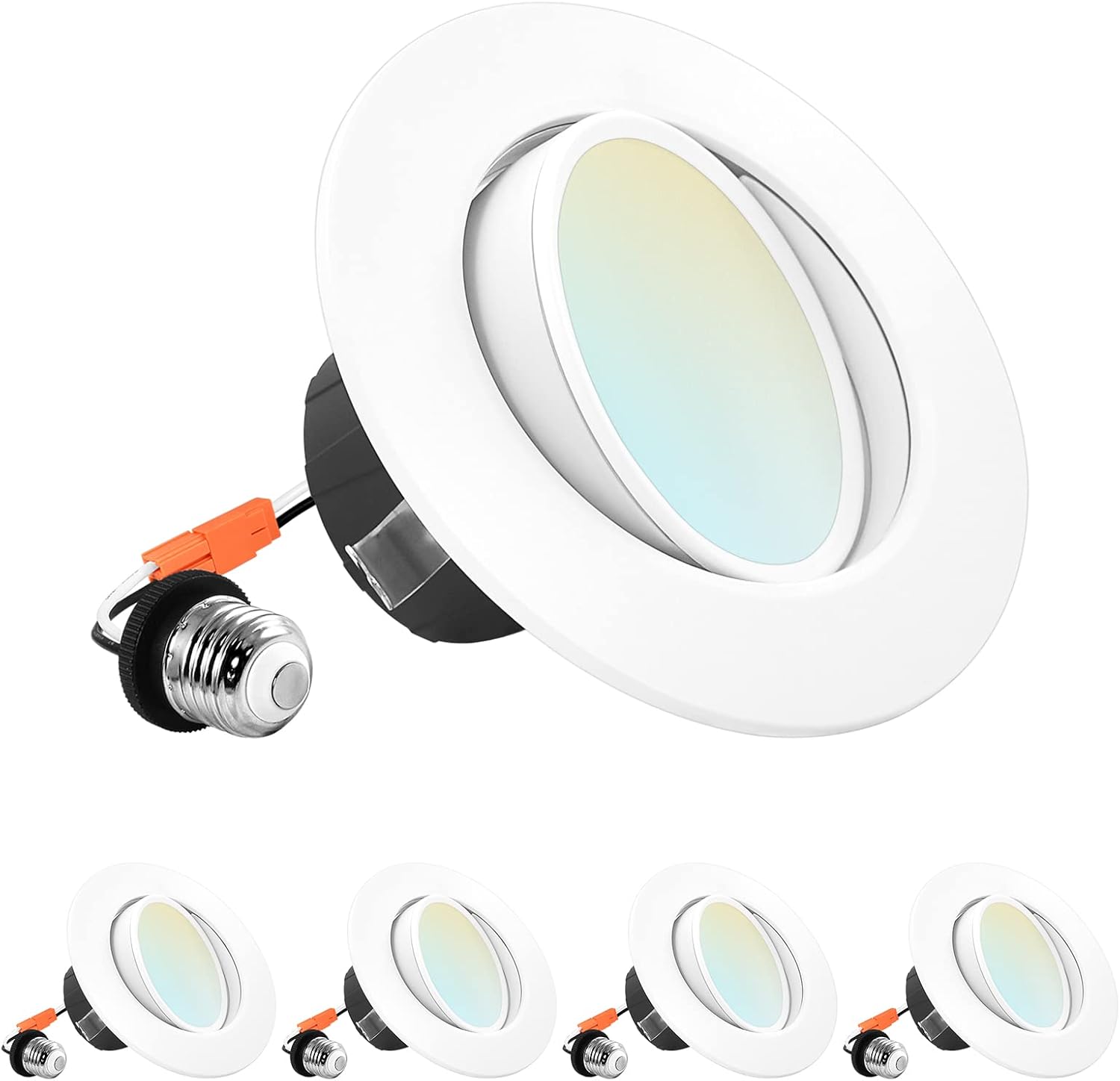 LUXRITE 4 Inch Gimbal LED Recessed Lighting Can Lights, 8W=60W, 5 Color Selectable 2700K-5000K, CRI 90, Dimmable Adjustable LED Downlight, 700 Lumens, Wet Rated, Energy Star, ETL Listed (4 Pack)