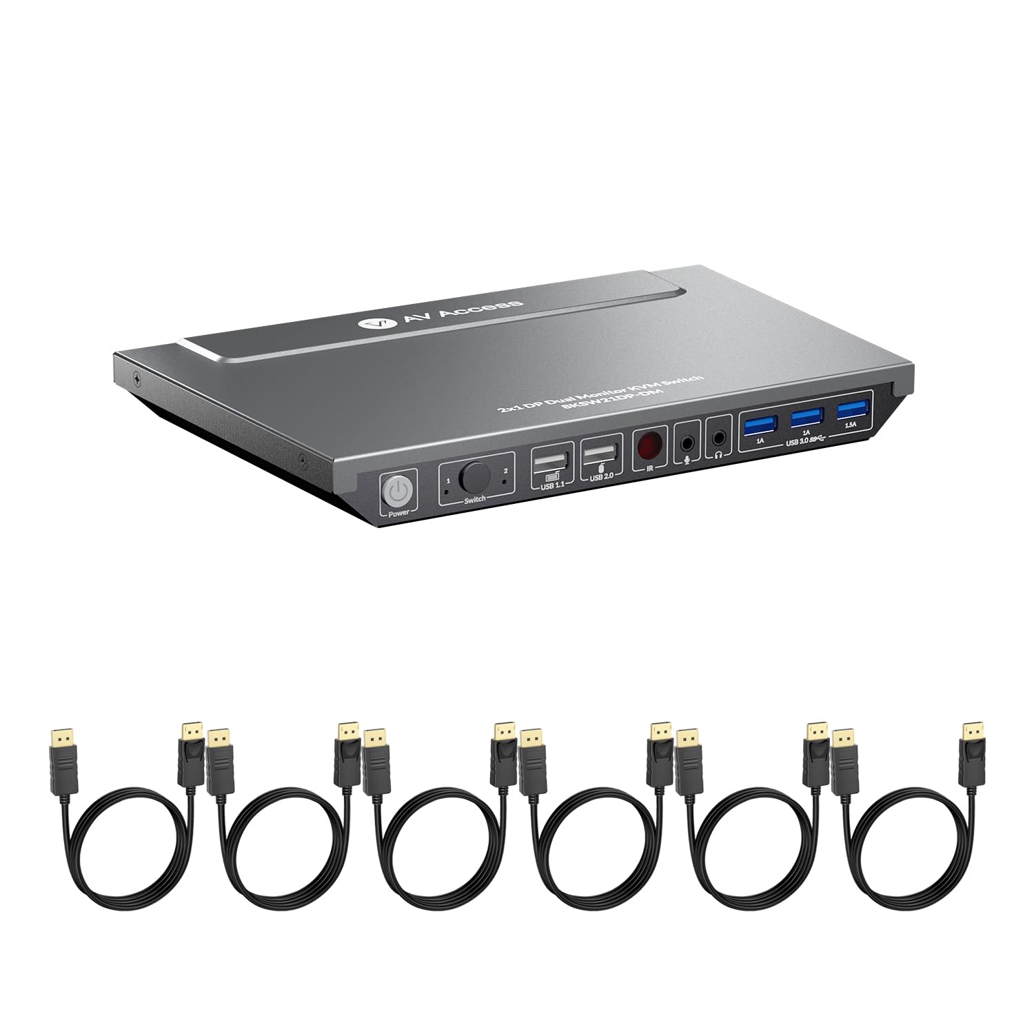 AV Access KVM Switch 2 Computers 2 Monitors DisplayPort 8K@60Hz 4K@165hz/144hz, DP KVM Switch Dual Monitors with USB 3.0 Ports, Audio Out, IR Remote, Hotkey Switch, with 6 DP Cables