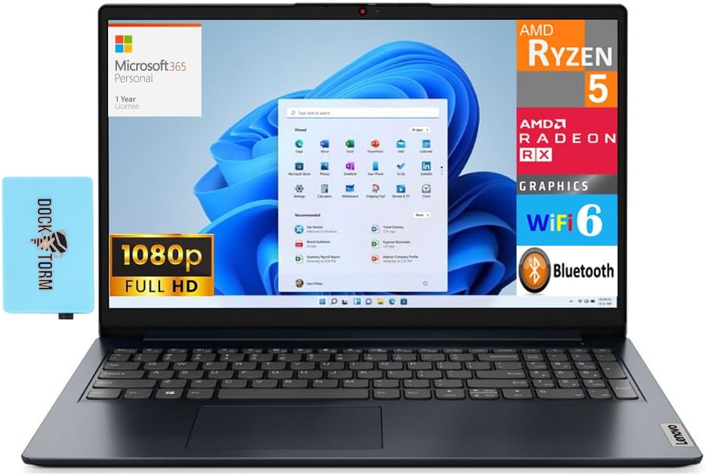 Lenovo IdeaPad 1 Laptop 15.6″ FHD Display (AMD Ryzen 5 7520U, 16GB LPDDR5, 8TB PCIe SSD, AMD Radeon, WiFi 6, Webcam, Bluetooth 5.1, Win 11 Home S-Mode) w/MS 365 Personal, DKZ USB Port Expander