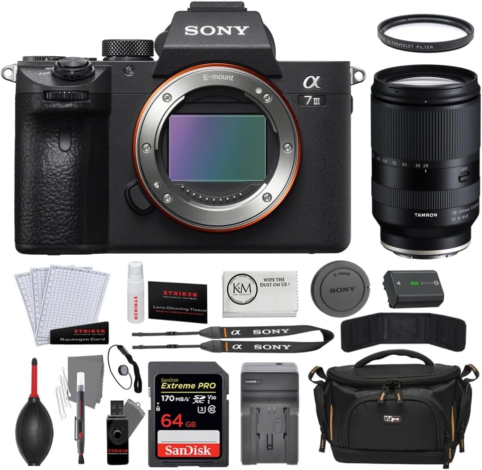 Sony A7 III Mirrorless Digital Camera | Body Only Bundle with Tamron 28-200mm f/2.8-5.6 Di III RXD for Sony E Mount + 64GB Card + Camera Case + Photo Starter Kit + Cloth + Charger (7 Items)