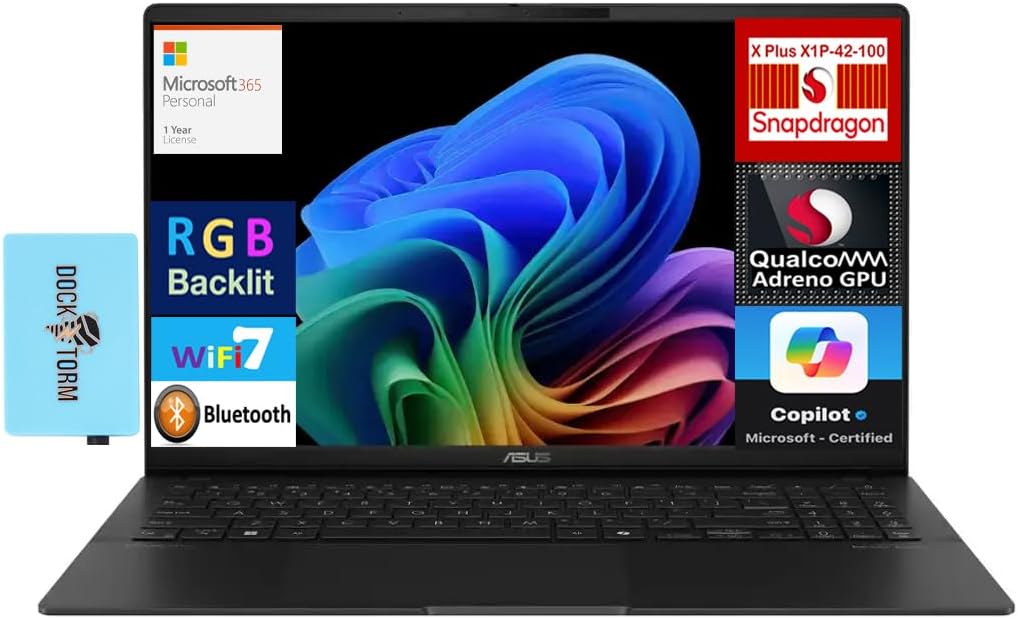 ASUS Vivobook S 15 AI Powered Laptop 15.6″ AMOLED 3K UHD Display (Qualcomm Snapdragon X Plus X1P-42-100, 16GB LPDDR5X, 8TB PCIe SSD, Win 11 Pro) w/MS 365 Personal, DKZ USB Port Expander