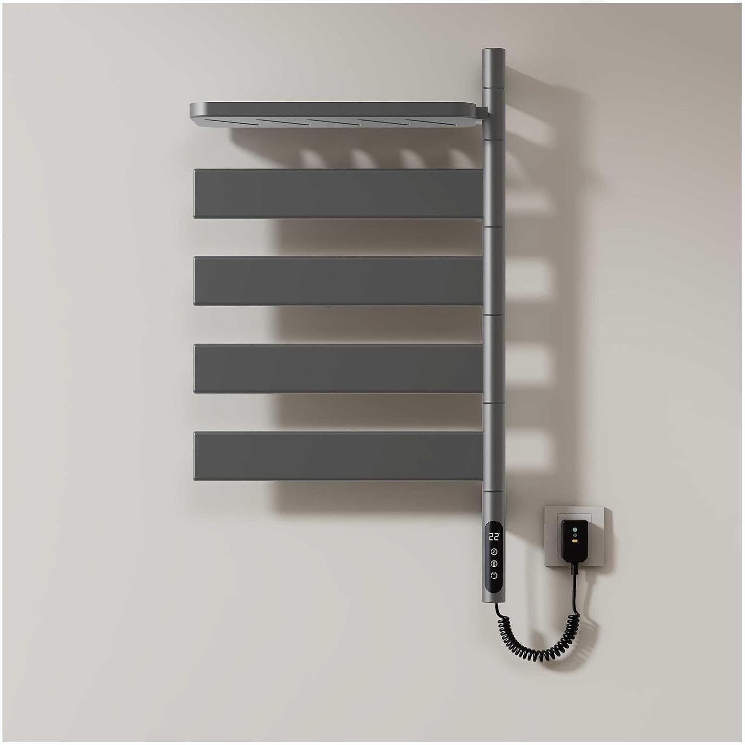 Electric Towel Rail Rotatable 180°, Towel Warmer with Intelligent Touch Screen Timer, Fast Heating, Electric Towel Rack Plug-in/Hardwired,Black (Gray)