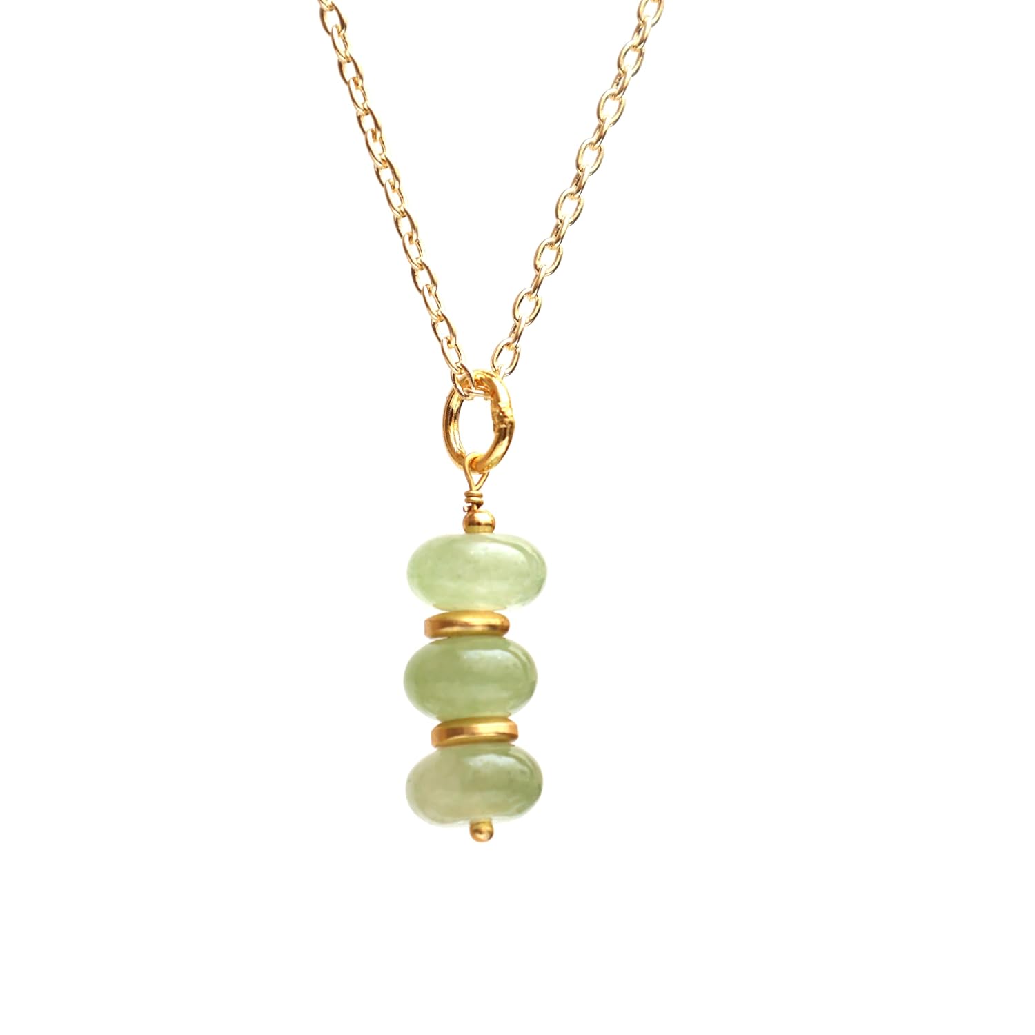 Gempires Prehnite Crystal Necklace, Green Beads Necklace, Handmade Pendant Necklace, Casual Wear, Gift for Mom Daughter, Hypoallergenic 14k Gold Plated 16+2 inch Adjustable Chain