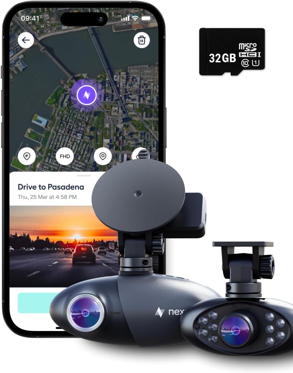 Nexar Pro Dual Dash Cam – 1 Year Nexar App Subscription Included – Unlimited Cloud Storage, Drive Recordings, Parking Mode, Night Vision, All Inside The Nexar App – WiFi HD Front Dash Cam (32 GB SD)