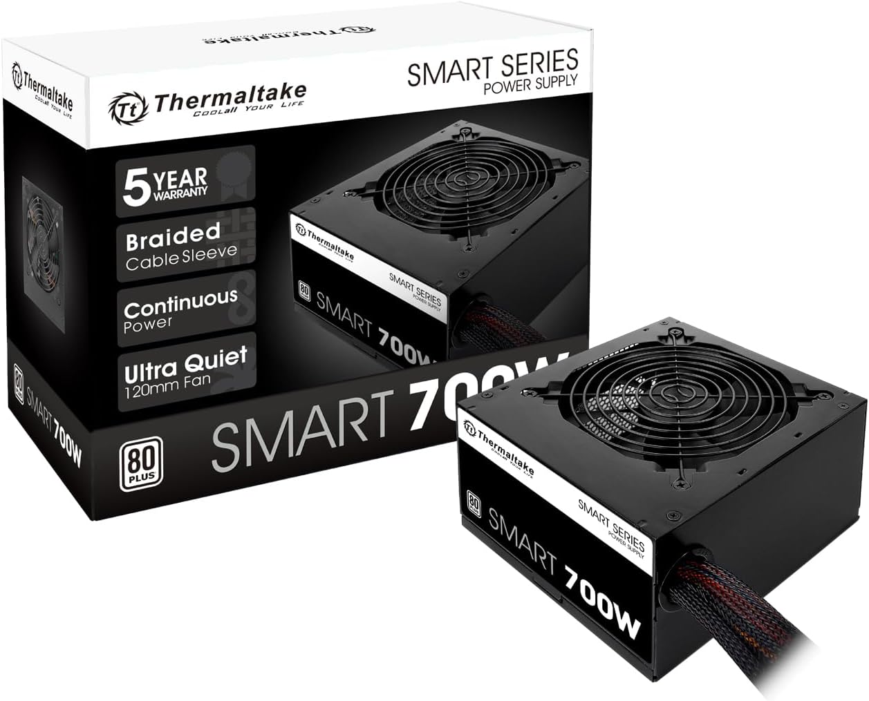 Thermaltake Smart 700W 80+ White Certified PSU, Continuous Power with 120mm Ultra Quiet Fan, ATX 12V V2.3/EPS 12V Active PFC Power Supply PS-SPD-0700NPCWUS-W