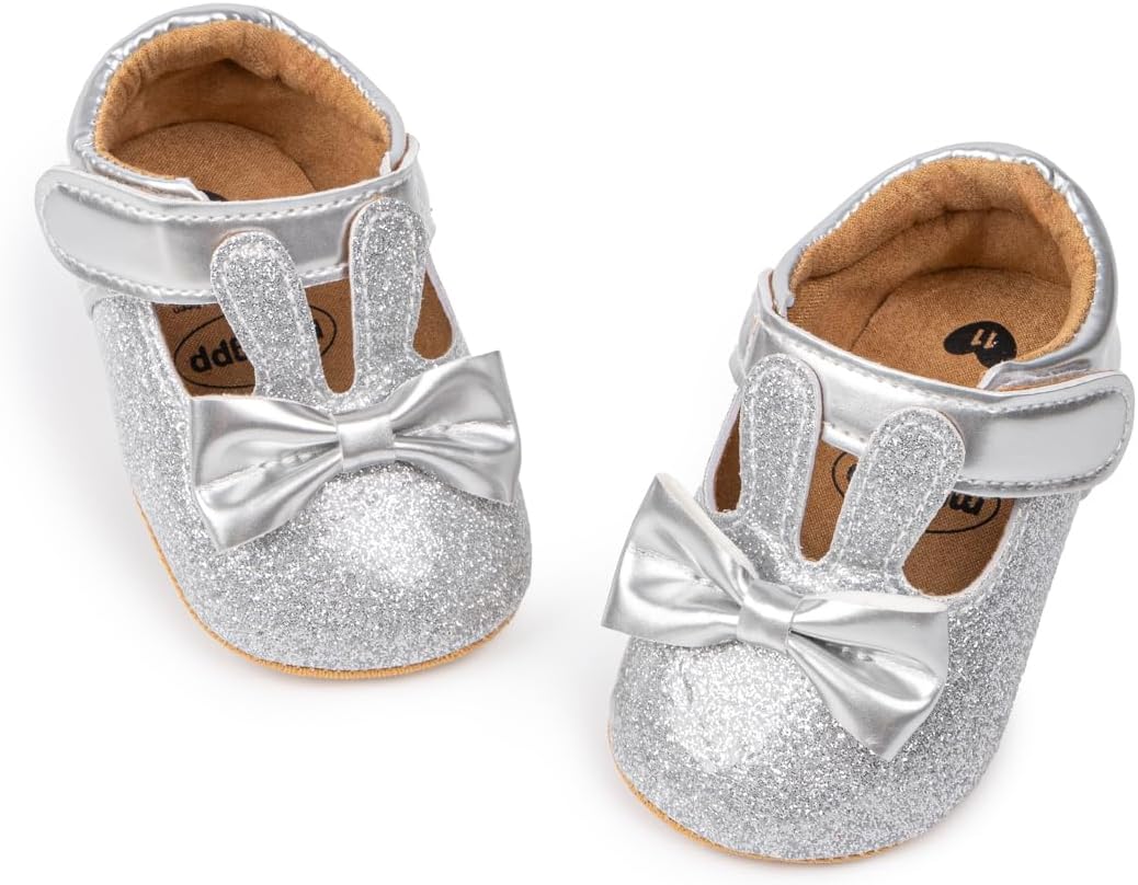 Sawimlgy Baby Girls Mary Jane Sequins Crown Flats PU Leather Wedding Party Princess Ballet Shoe Infant Rubber Sole Prewalker Toddler First Crib Shoes