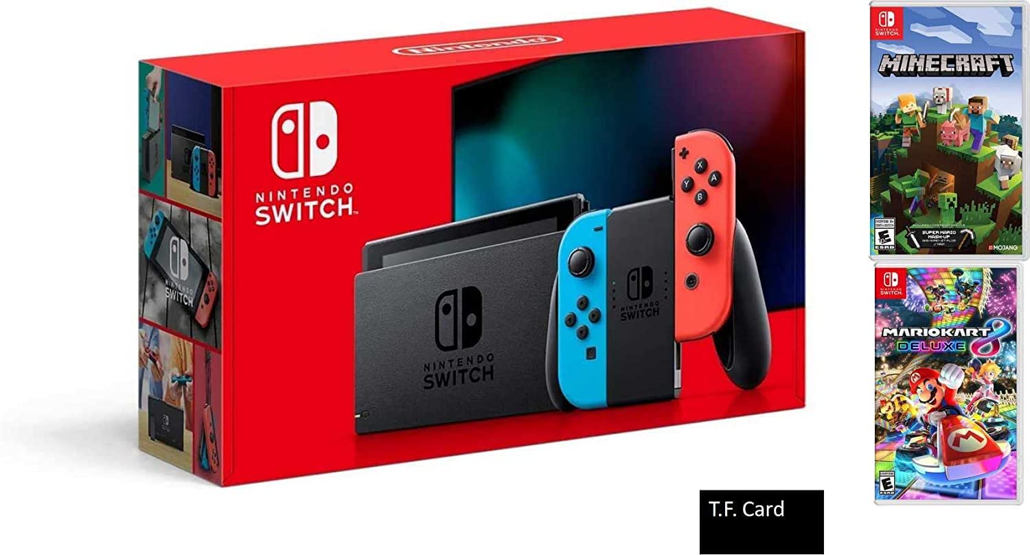 Nintendo Switch Deluxe Holiday Game Bundle: Nintendo Switch with Neon Blue and Neon Red – 6.2″ Touchscreen LCD Display + Nintendo Switch Minecraft game + Mario Kart 8 game and T.F. Card