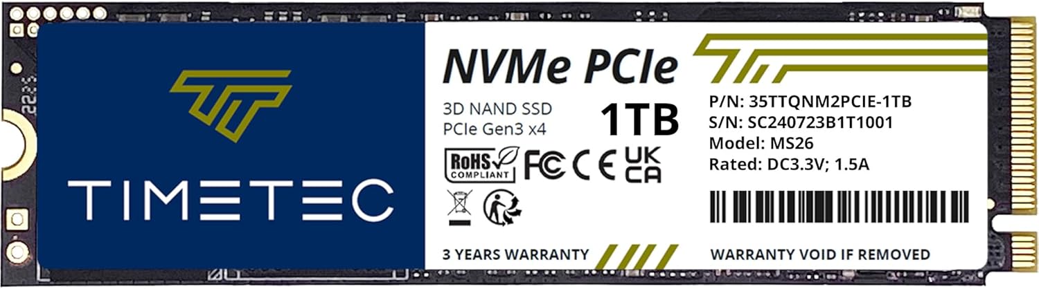 Timetec 1TB SSD NVMe PCIe Gen3x4 8Gb/s M.2 2280 3D NAND High Performance SLC Cache Read Speed Up to 3,000MB/s Internal Solid State Drive for PC Laptop and Desktop