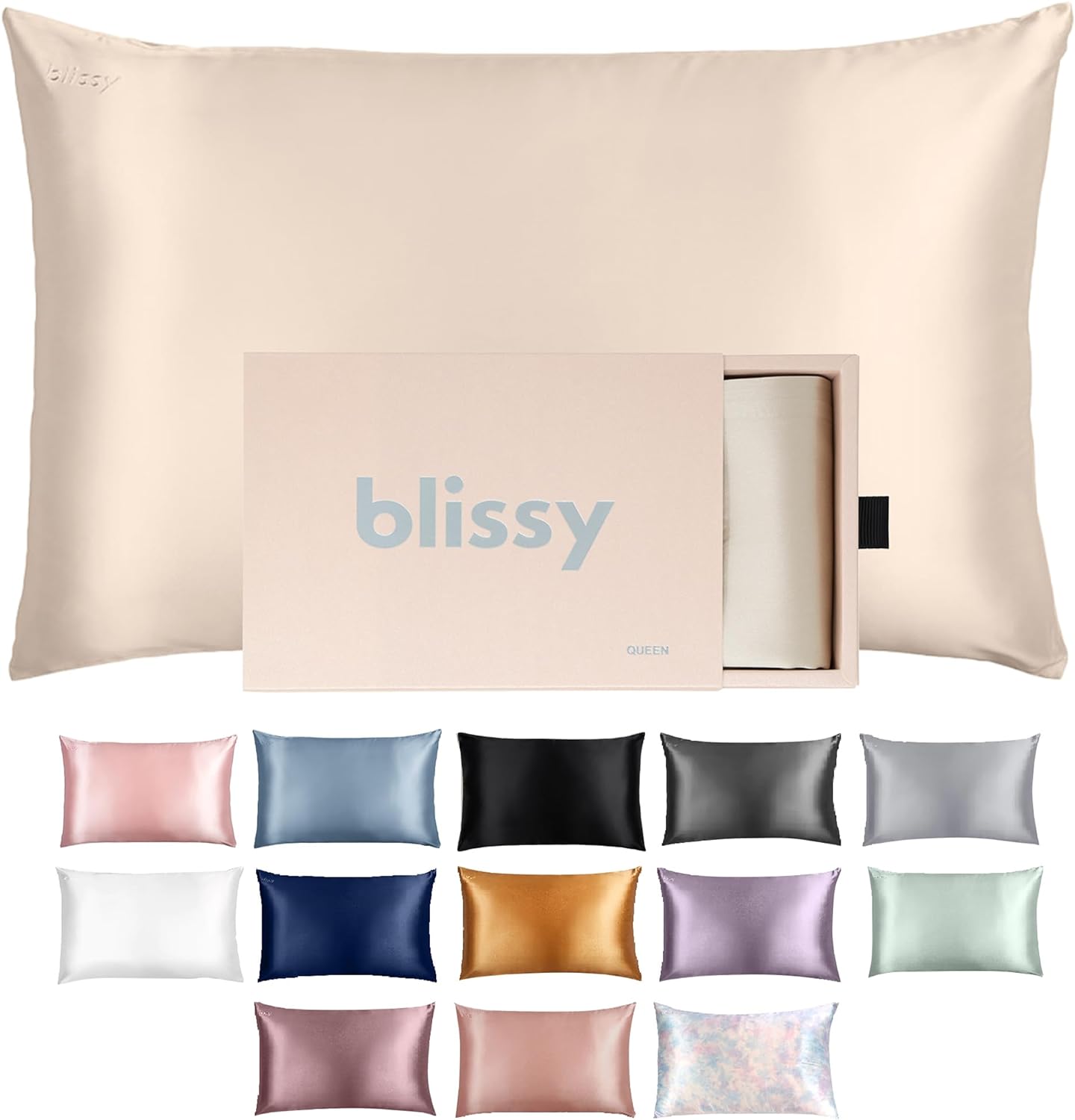 Blissy Silk Pillowcase – 100% Pure Mulberry Silk – 22 Momme 6A High-Grade Fibers – Silk Pillow Cover for Hair & Skin – Regular, Queen & King with Hidden Zipper (Queen, Champagne)