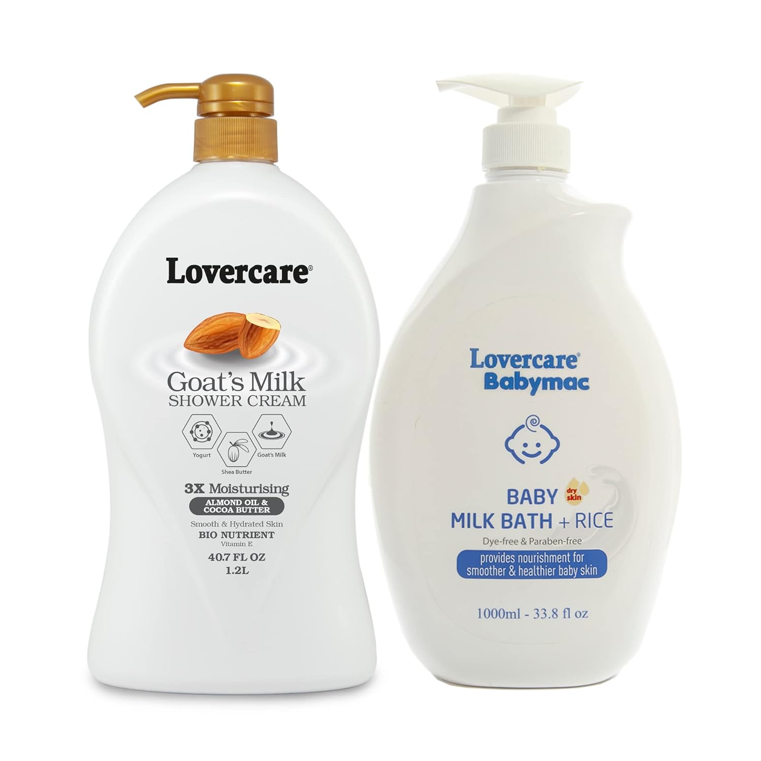 Lover’s Care Combo Goat Milk Moisturizing Body Wash Shower Cream Almond Oil & Cocoa Butter 40.7 fl oz (1200ml) & Lovercare Babymac Goat Milk Baby Milk Bath + Rice 33.8 fl oz (1000ml)