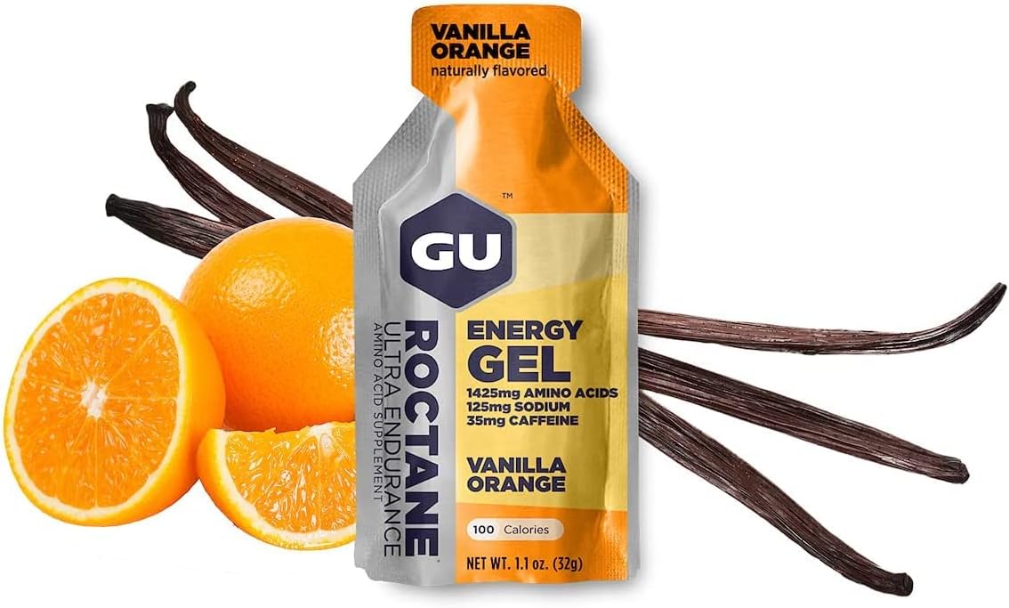 GU Energy Roctane Ultra Endurance Energy Gel, Vegan, Gluten-Free, Kosher, and Dairy-Free On-The-Go Sports Nutrition for Running, Biking, Hiking or Skiing, Vanilla Orange (24 Packets)