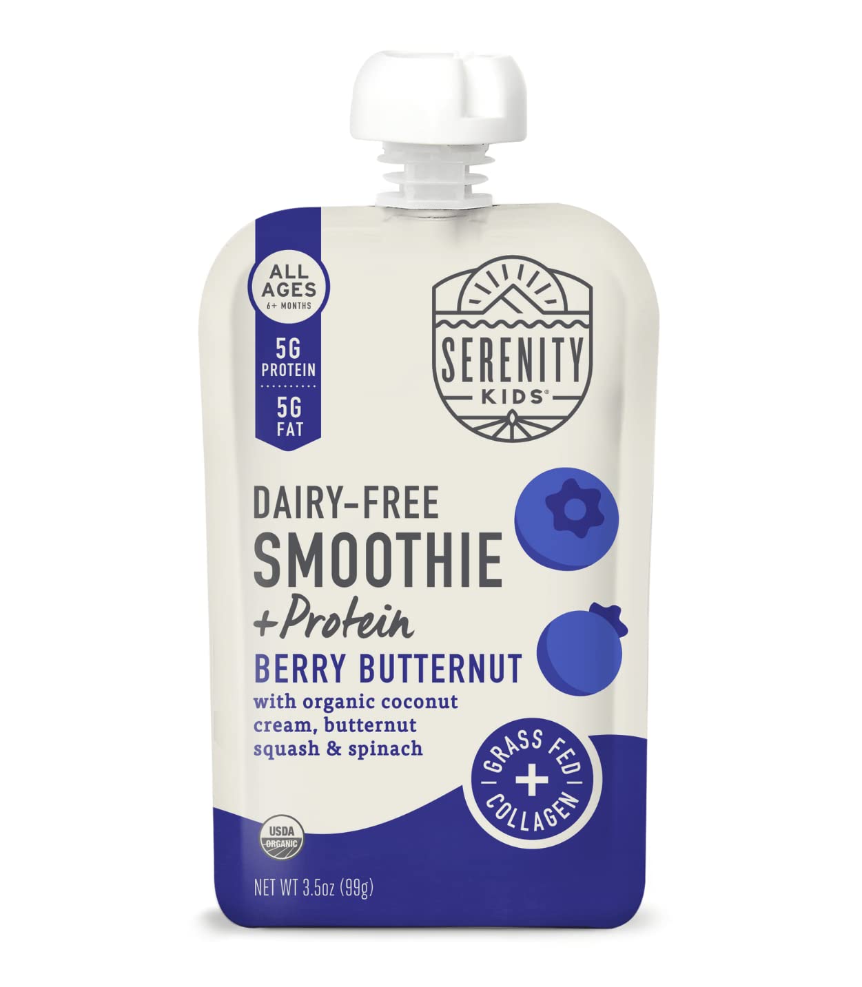 Serenity Kids 6+ Months Dairy-Free Smoothie Baby Food | USDA Organic | Grass Fed Collagen Protein | 3.5 Ounce BPA-Free Pouch | Berry Butternut | 1 Count