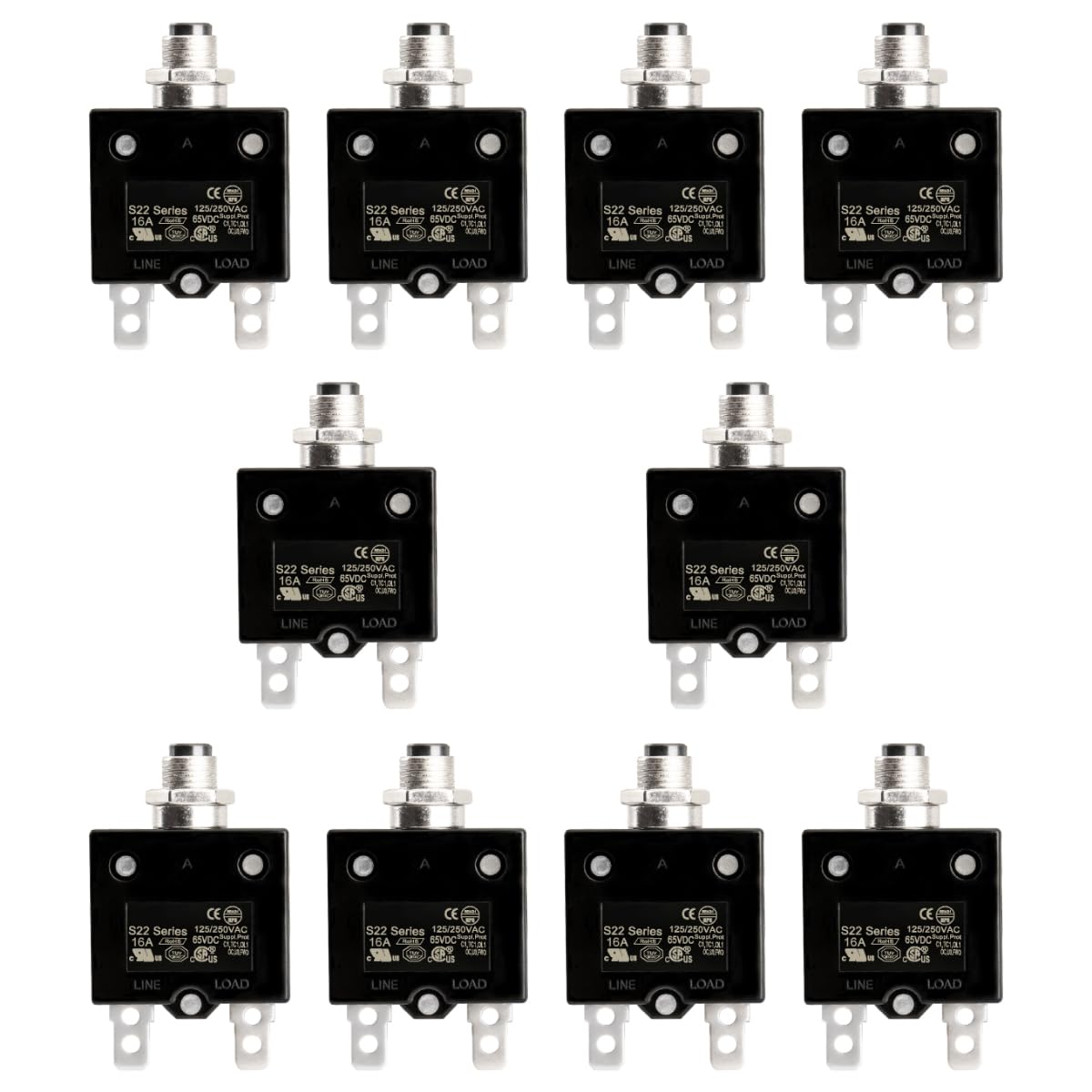 Baomain 16A Circuit Breaker Thermal Overload Protector, S22 Series 125/250VAC/65VDC, Manual Reset Thermal Circuit Breakers Black UL CE Listed Pack of 10 (16 Amp.)