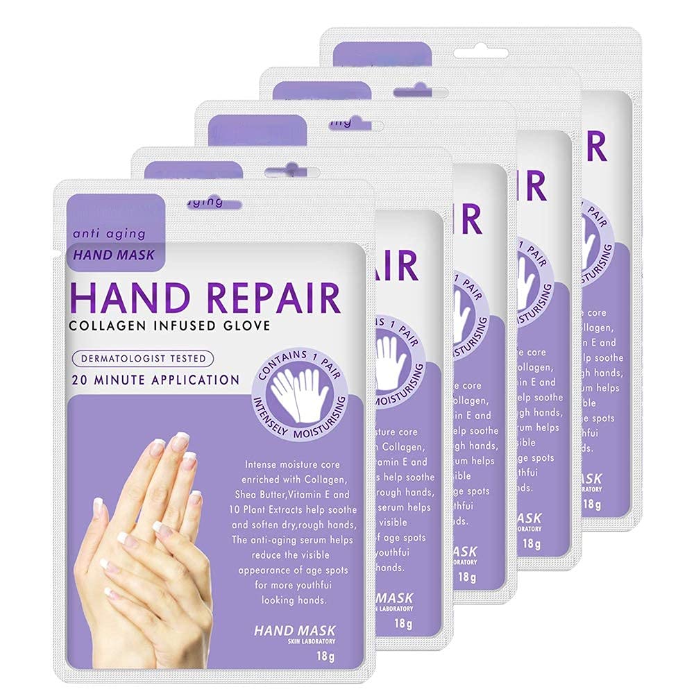 5 Pairs Hands Moisturizing Gloves, Hand Skin Repair Renew Mask Infused Collagen, Vitamins + Natural Plant Extracts for Dry, Aging, Cracked Hands (5 Pairs Hand mask)