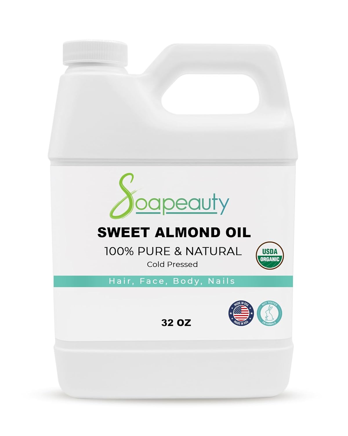 Soapeauty Sweet Almond Oil Cold Pressed Refined USDA Organic | 100% Pure Sweet Almond Oil Available in Bulk | Carrier for Essential Oils, Almond Oil for Skin, Face, and Hair, Soap Making | 32 fl oz