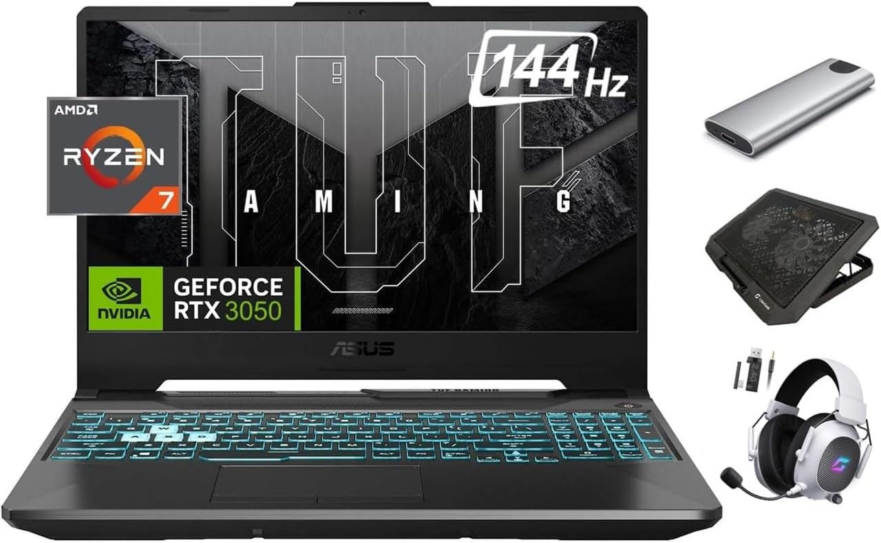 ASUS TUF 2024 A15 Gaming Laptop, 15.6″ 144Hz FHD, 8-Core Ryzen 7 7435HS (Beats i7-13620H), NVIDIA RTX 3050 GPU, 64GB RAM, 2TB SSD + 256GB Portable SSD, RGB KB, RJ45, Keypad, Win 11