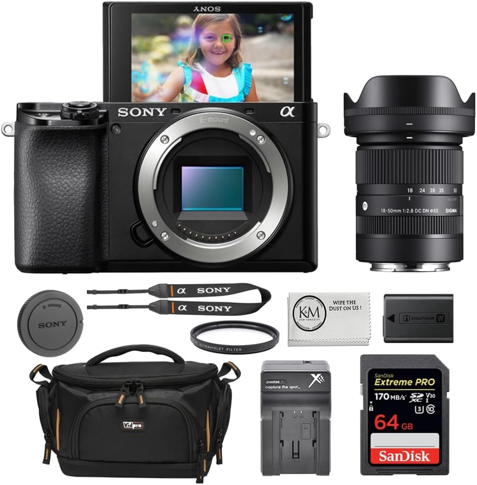 Sony Alpha a6100 Mirrorless Digital Camera Body Bundle with Sigma 18-50mm f/2.8 DC DN Contemporary Lens + 64GB Memory Card + UV Filter + Charger + Camera Bag + Cleaning Kit + Cloth (7 Items)