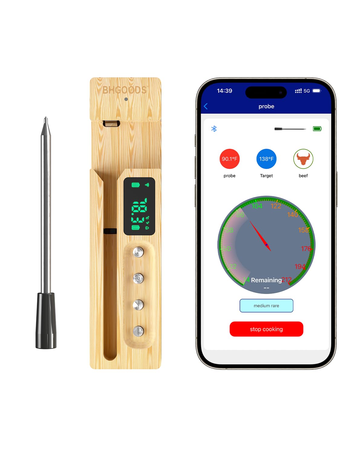 Smart Wireless Meat Thermometer with LED Display Bamboo Base, Up to 730ft App Remote Monitoring for BBQ, Grill, Oven, Smoker, Rotisserie, Air Fryer, IP68 Waterproof, USB Charging