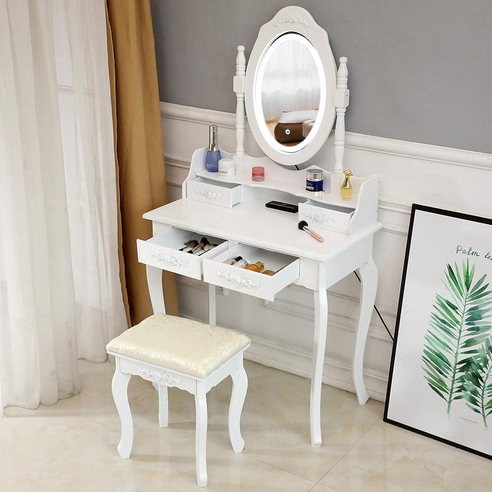 Knocbel Modern Dresser Makeup Dressing Table with Smart LED Touch Screen 360-degree Rotatable Mirror, 4 Storage Drawers and an Upholstered Stool, 29.52″ W x 15.75″ D x 56.1″ H White