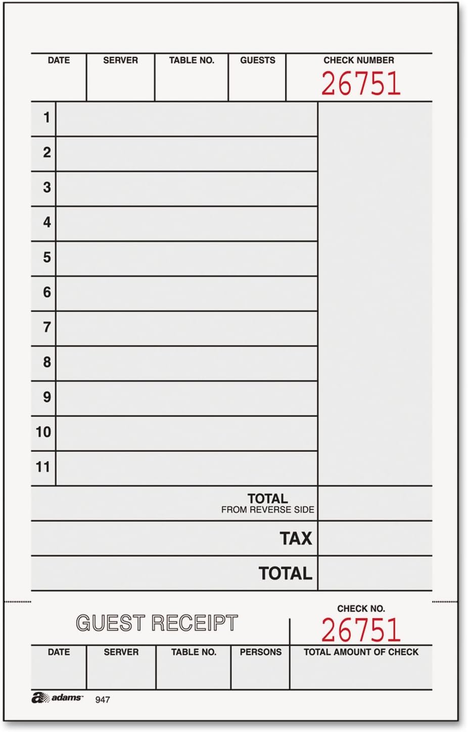 Adams Guest Check Unit Sets, 2-Part, Carbonless, White Bond/Tag, 4-1/4 x 7-1/4 Inches Detached, 250 Sets/Pack (947SWC)