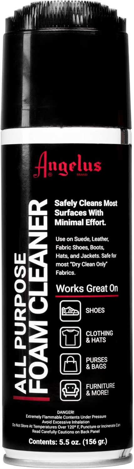 Angelus All Purpose Foam Cleaner for Shoes, Sneakers, Hiking Boots, Car Seats, Hats, Accessories – 5.5oz with Scrubbing Brush Top