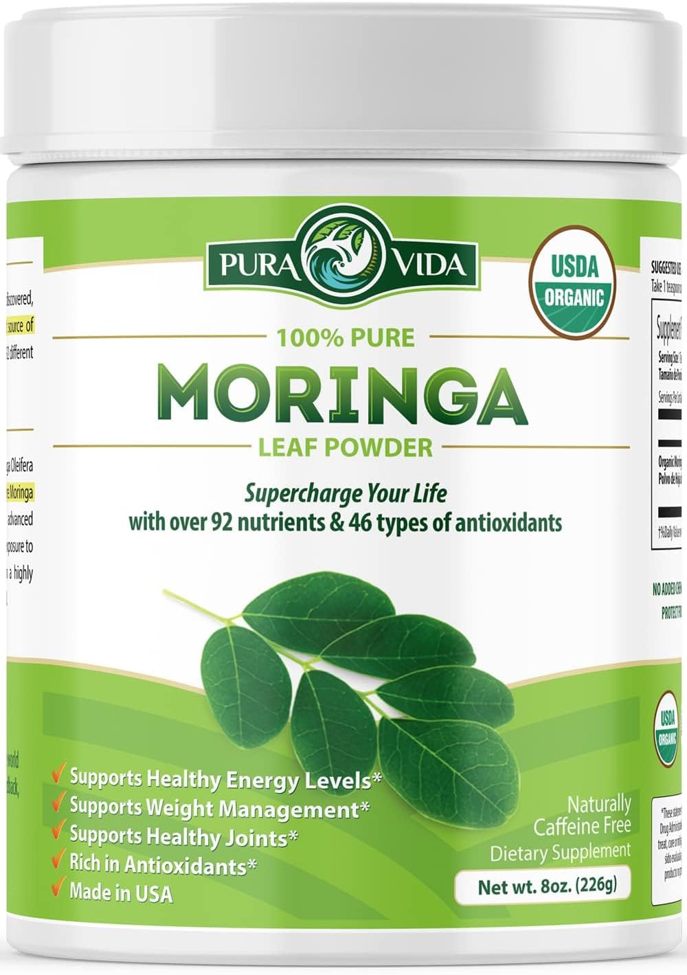 PURA VIDA MORINGA Moringa Powder Organic Single Origin – Premium 100% Leaf Powder, USDA Organic Moringa Oleifera, Moringa Leaf Powder – Perfect for Smoothies & Recipes. 8 oz.