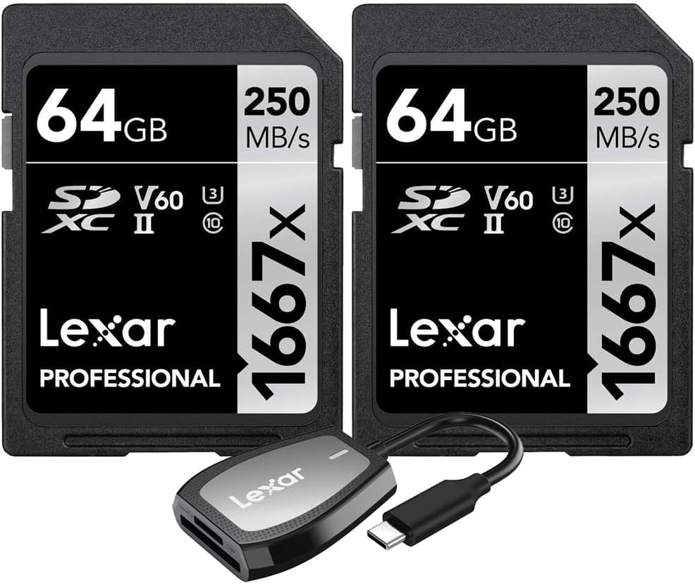 Lexar Professional 1667x 64GB SDXC UHS-II Memory Card, 250MB/s Read, 120MB/s Write (2-Pack) Bundle with Lexar Pro USB-C Dual-Slot Reader