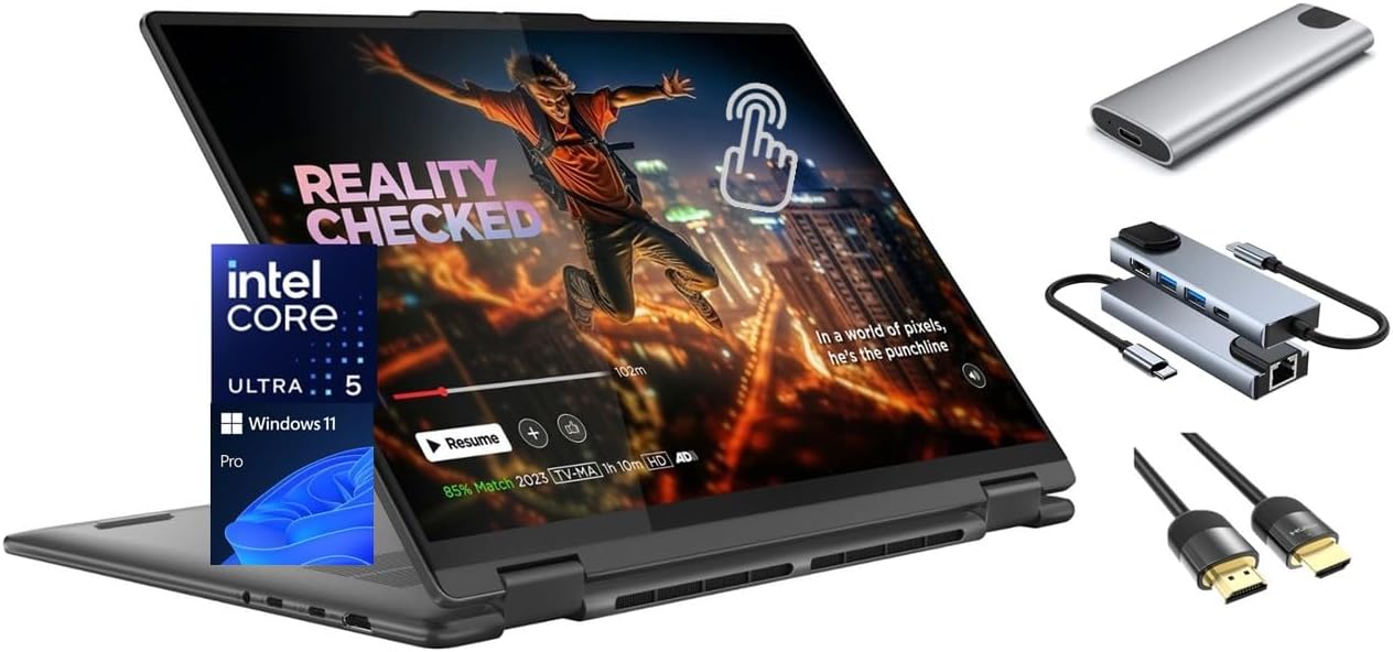 Lenovo Yoga 7i 2-in-1 Laptop, 16″ 2K Touchscreen, Core Ultra 5 125U(Beats i7-1355U), 16GB LPDDR5X, 512GB SSD + 256GB Portable SSD, Backlit, TB4, FP, WiFi 6E, 3-in-1 External Storage Bundle, Win 11 Pro