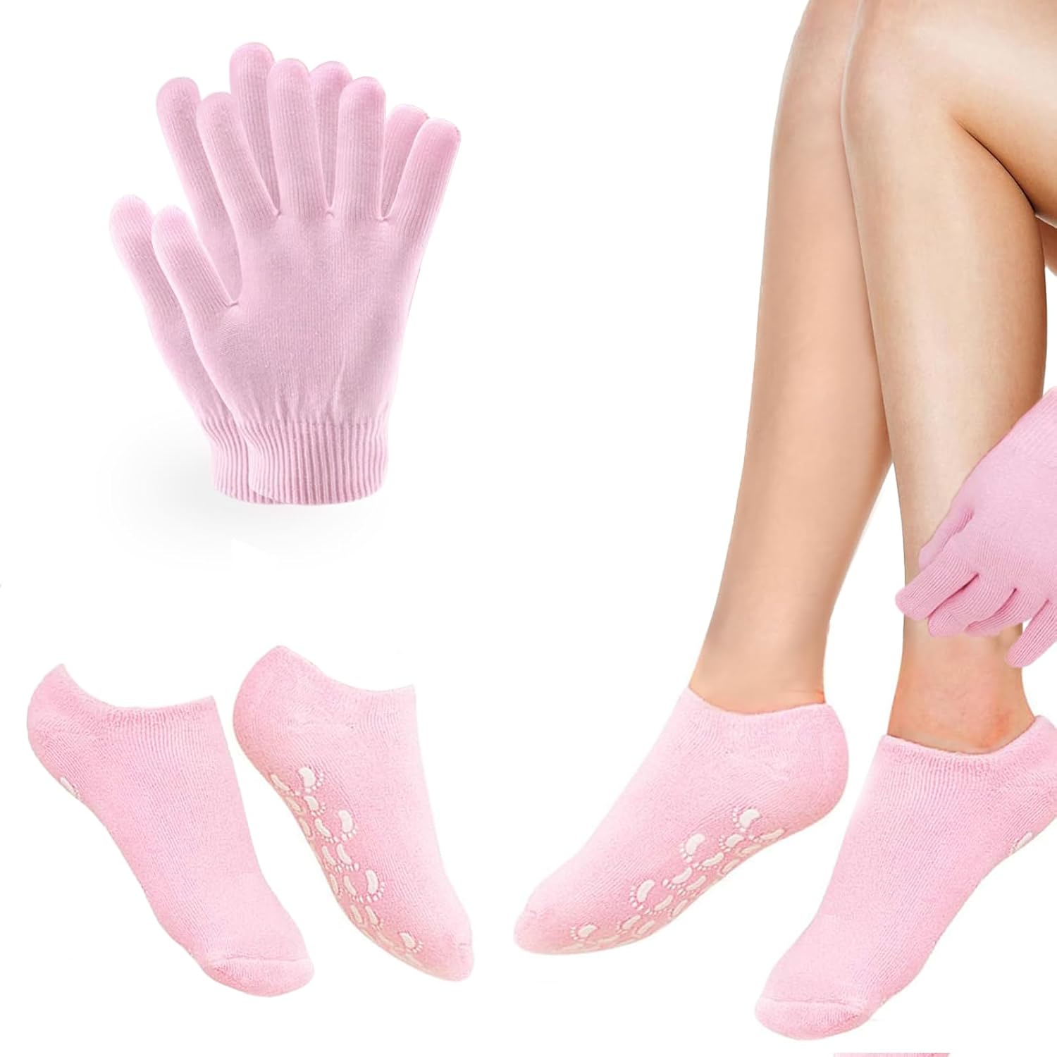 Moisturizing Socks & Gloves Set,Silicone Socks Gel Gloves for Women,Aloe Gel Socks,spa Socks,Soften Repairing Dry Cracked Hands and Feet Skin SPA Care (Glove+Socks, Pink)