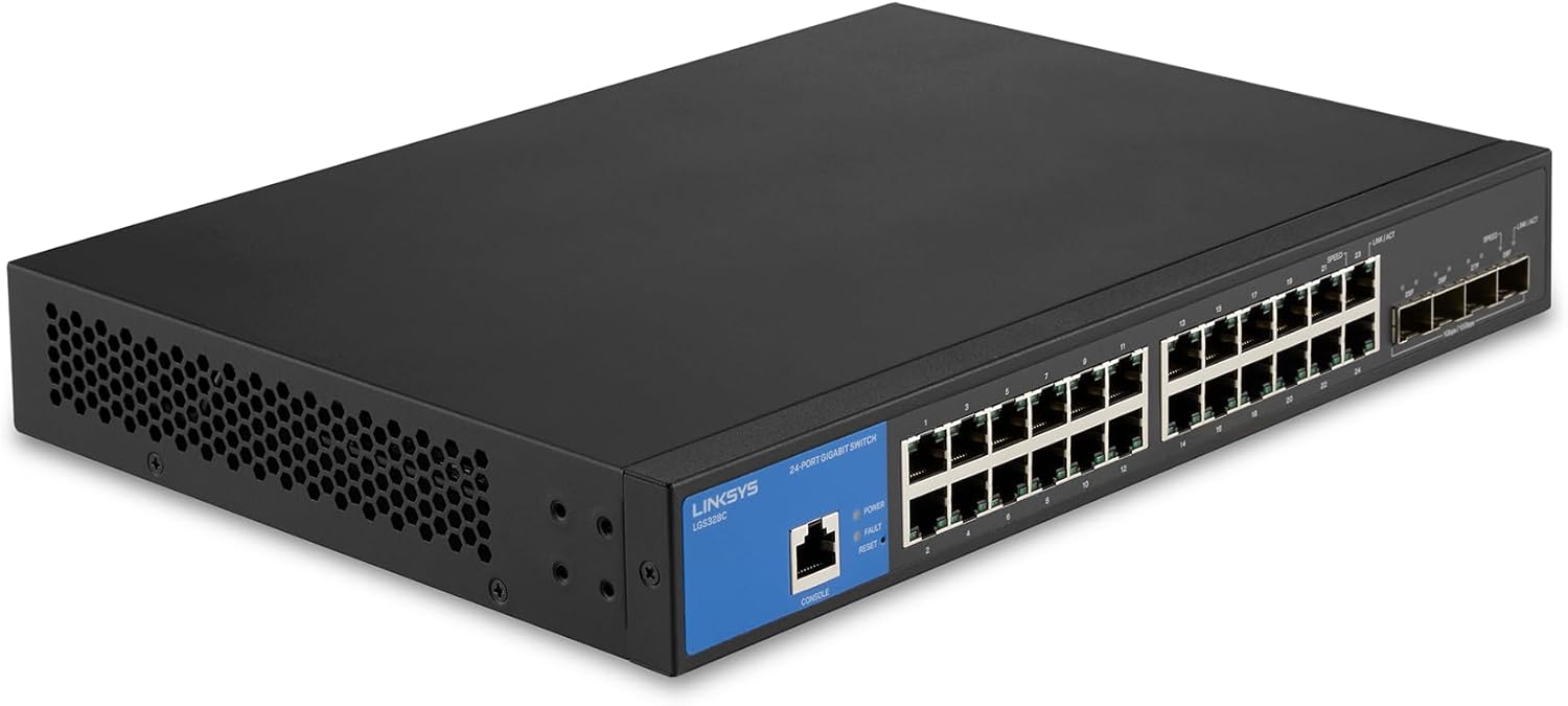 Linksys LGS328C 24 Port Gigabit Managed Network Switch with 4 x 10G Uplink SFP+ Slots – Advanced Security, QoS, Static Routing, VLAN, IGMP Features – Metal Housing, Desktop / Wall Mount