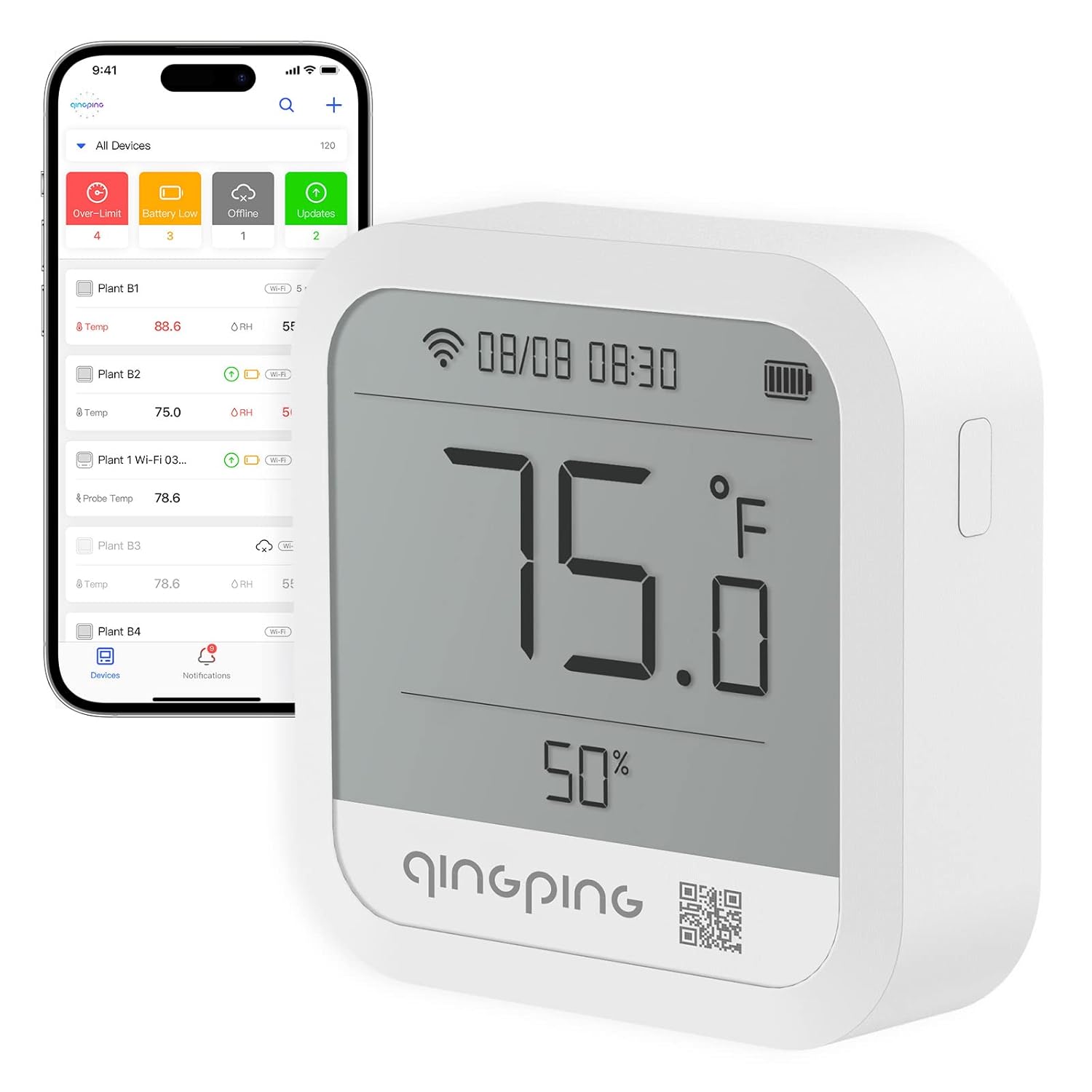 Qingping Wi-Fi Indoor Thermometer Hygrometer, Remote Monitoring via Qingping IoT, Temperature and Humidity Monitor for Different Scenarios, Fast Alert Notification, Rechargeable Battrey