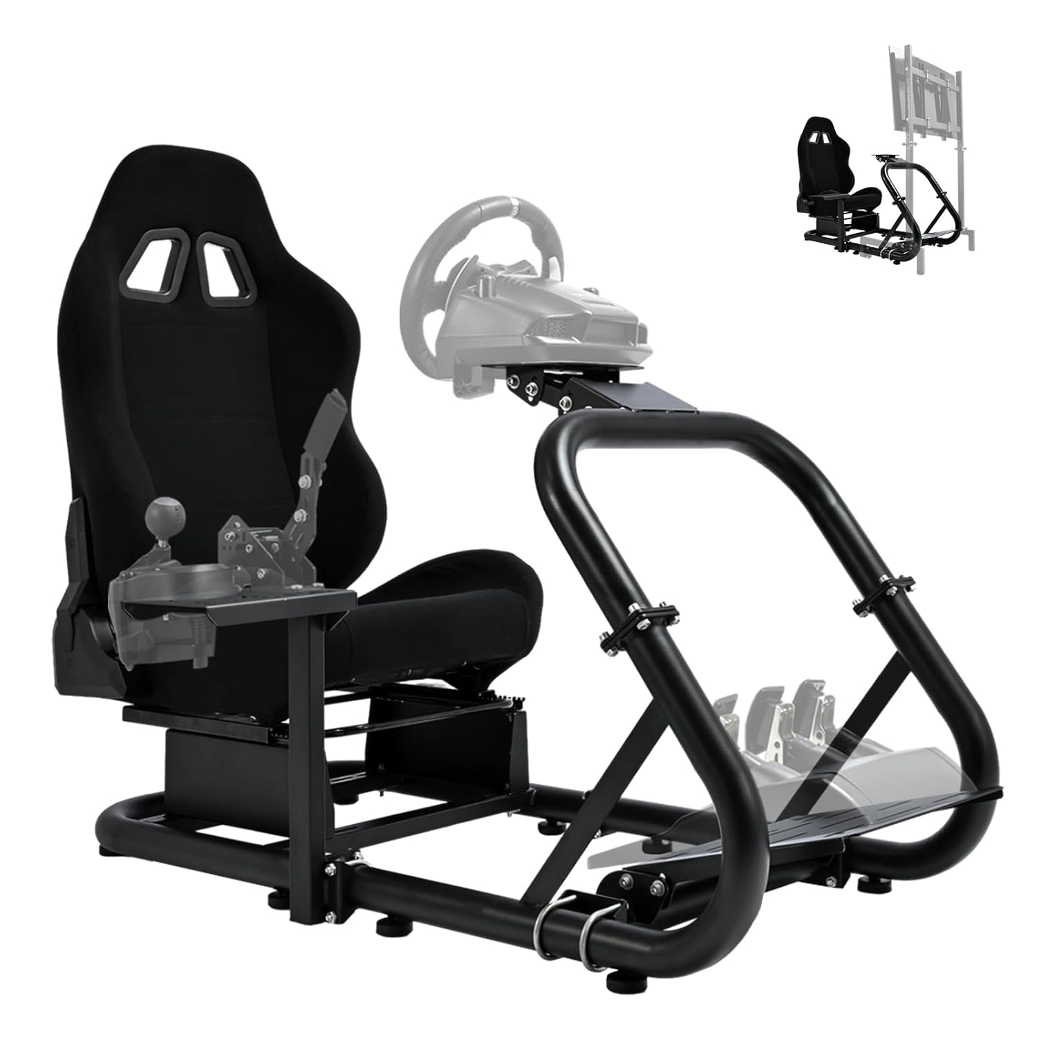 Hottoby Adjustable Racing Simulator Cockpit with Black Seat Fit for Logitech/Thrustmaster/Fanatec G923，G29，G920 Double Arm Triangle Support,Shifter Platform Upgrade,No Steering Wheel,Pedal & Handbrake