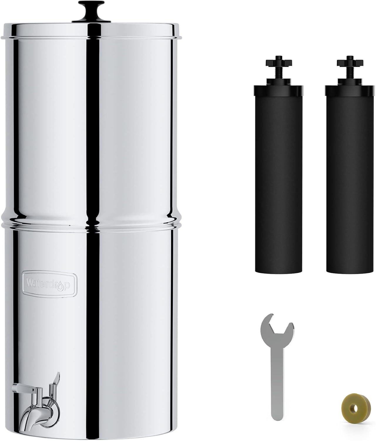 Waterdrop Gravity-fed Water Filter System, Reduces Lead and up to 99% of Chlorine, NSF/ANSI 42&372 Standard, with 2 Black Carbon Filters and Metal Spigot, King Tank Series, WD-TK-A