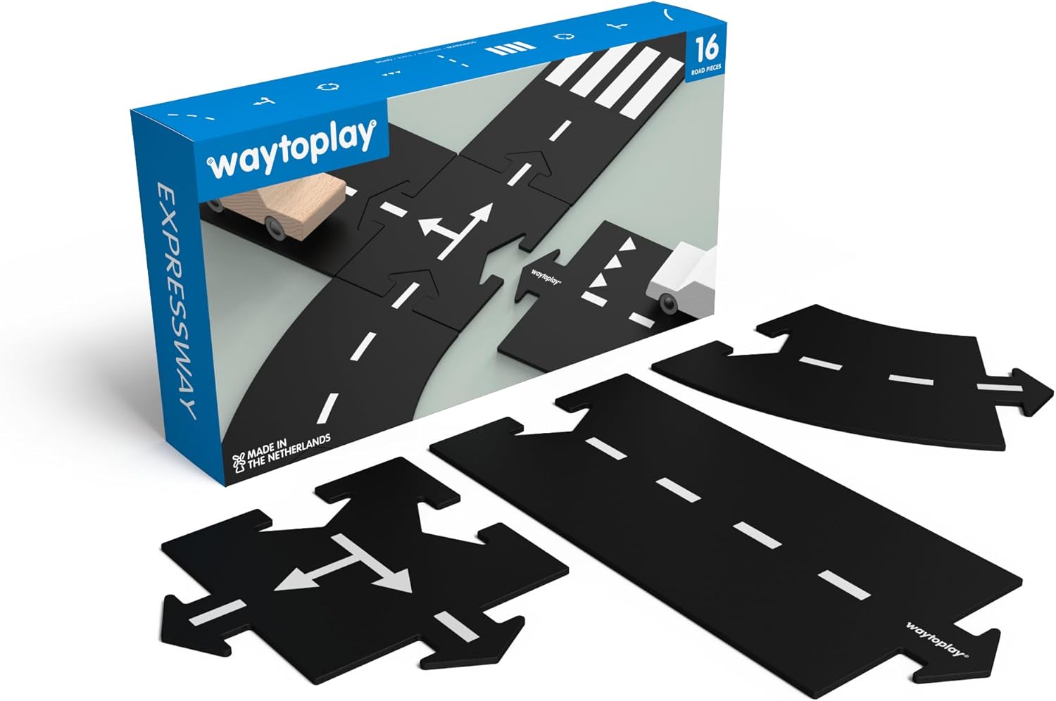 Waytoplay Expressway, 16 Piece Circuit for Toy Cars – Flexible, Indestructible, and Waterproof – Modular Car Tracks – Made in The Netherlands