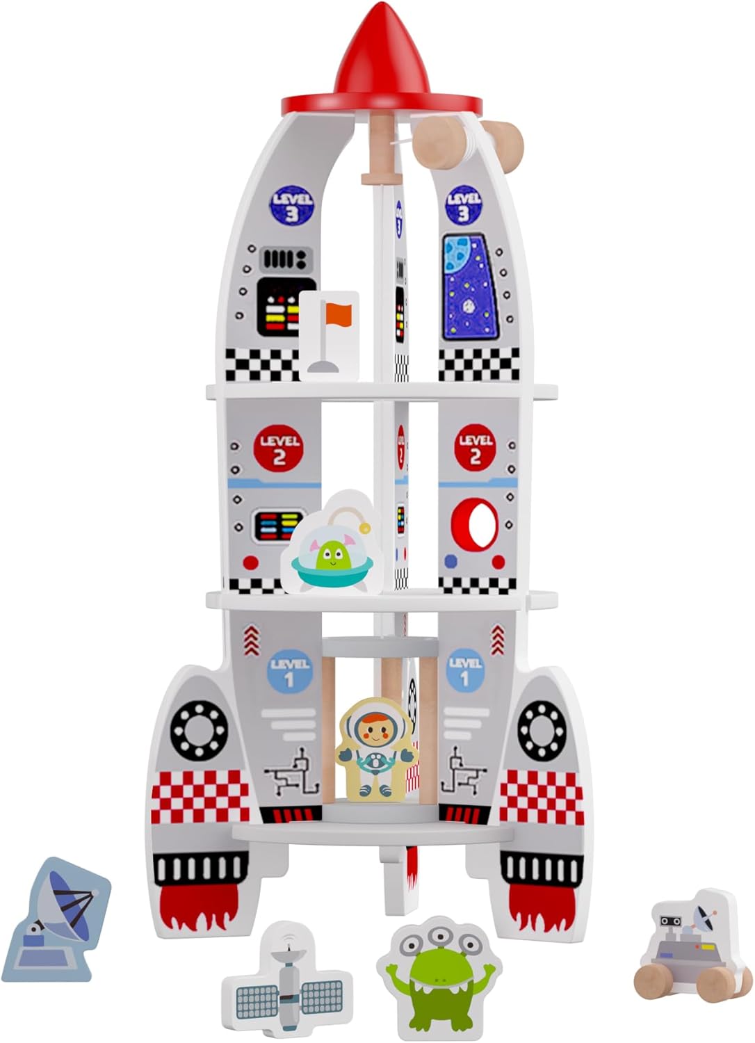 Wooden Rocket and Spaceship,Outer Space Themed Playset with Moving Crane for Kids, 8 Pcs Spaceship Toy Set with Astronauts,Interest Gift for Boys and Girls, L: 11.4, W: 11.4, H: 23.6 inch